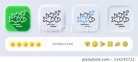 Fish school line icon. Neumorphic, Flat shadow, 3d buttons. Shoal of gill-bearing animals sign. Flock of salmon symbol. Line fish school icon. Social media icons. Vector 124243712