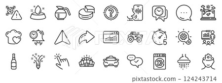 Taxi, Qr code and Pie chart line icons pack. Share, Message, Paper plane icons. Presentation, Arena stadium, Beer bottle web icon. Brain working, Timer, Airplane travel pictogram. Vector 124243714
