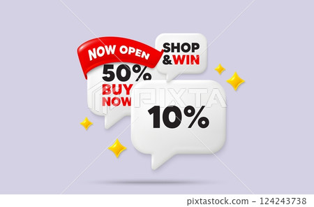Discount speech bubbles. Now open flag ribbon. 10 percent off sale tag. Discount offer price sign. Special offer symbol. Discount chat bubbles with 3d sparkles. Vector Discount speech bubbles. Now open flag ribbon. 10 percent off sale tag. Discount offer price sign. Special offer symbol. Discount chat bubbles with 3d sparkles. Vector 124243738