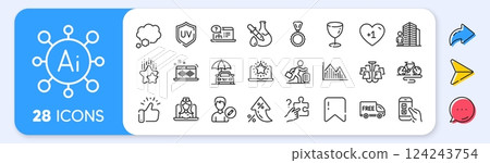 Glass, Free delivery and Investment graph line icons. Interest rate, AI generate, Inflation icons. Pack of Talk bubble, Ranking stars, Medal icon. Vector Glass, Free delivery and Investment graph line icons. Interest rate, AI generate, Inflation icons. Pack of Talk bubble, Ranking stars, Medal icon. Vector 124243754