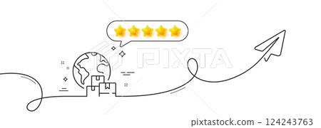 International delivery line icon. Continuous line with share plane. Logistic service sign. Export freight boxes symbol. Five star rate review in speech bubble. Vector International delivery line icon. Continuous line with share plane. Logistic service sign. Export freight boxes symbol. Five star rate review in speech bubble. Vector 124243763