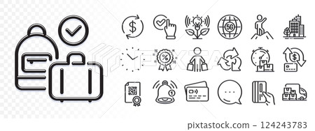 Buyer, Reminder and Carry-on baggage line icons for web app. Glare of light effect. Message icon. Pack of Leadership, Buildings, Money transfer pictogram icons. Vector 124243783