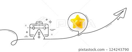 Warning briefcase line icon. Continuous line with share plane. Attention triangle sign. Caution diplomat symbol. 3d star in speech bubble. Warning briefcase single line ribbon. Vector Warning briefcase line icon. Continuous line with share plane. Attention triangle sign. Caution diplomat symbol. 3d star in speech bubble. Warning briefcase single line ribbon. Vector 124243790