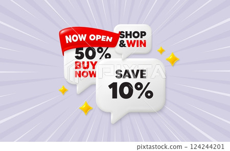Discount speech bubbles. Now open flag ribbon. Save 10 percent off tag. Sale Discount offer price sign. Special offer symbol. Discount chat bubbles with 3d sparkles. Vector Discount speech bubbles. Now open flag ribbon. Save 10 percent off tag. Sale Discount offer price sign. Special offer symbol. Discount chat bubbles with 3d sparkles. Vector 124244201