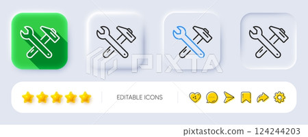 Spanner and hammer line icon. Neumorphic, Flat shadow, 3d buttons. Repair service sign. Fix instruments symbol. Line spanner tool icon. Social media icons. Vector 124244203
