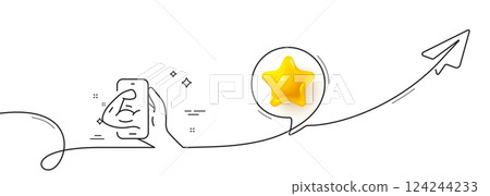 Fitness line icon. Continuous line with share plane. Online exercise sign. Live coach symbol. 3d star in speech bubble. Fitness single line ribbon. Loop curve pattern. Vector 124244233
