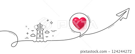Lighthouse line icon. Continuous line with share plane. Beacon tower sign. Searchlight building symbol. 3d heart in speech bubble. Lighthouse single line ribbon. Loop curve pattern. Vector 124244272
