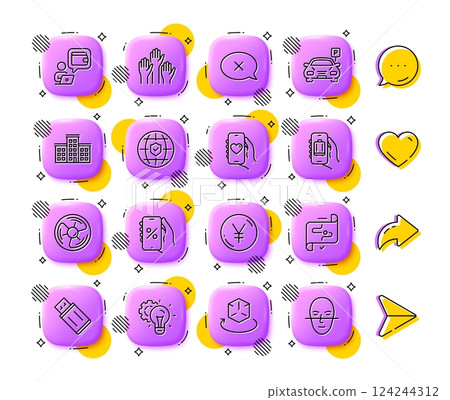 Dating app, Global insurance and Air fan line icons. App 3d buttons. Social media comment, share, like icons. Pack of Yen money, Baggage app, Idea gear icon. Vector 124244312