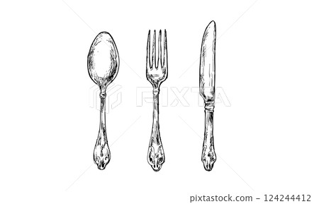 Antique hand-painted cutlery (spoon, fork, knife) Antique hand-painted cutlery (spoon, fork, knife) 124244412