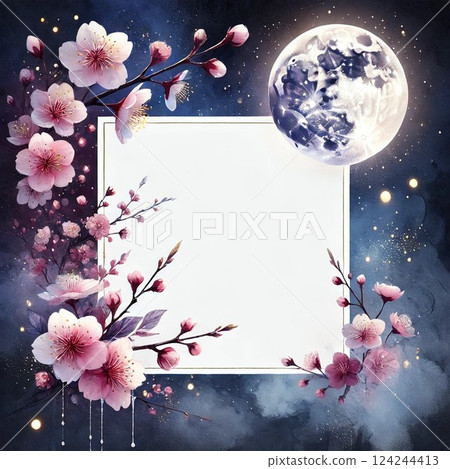 A fantastic Japanese-style frame decorated with the moon and cherry blossoms at night 124244413
