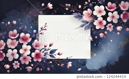 Frame of cherry blossoms and petals blooming in the night sky Frame of cherry blossoms and petals blooming in the night sky 124244414