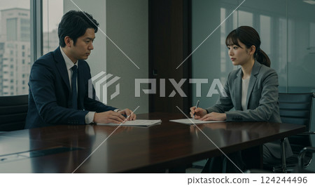 一位身穿西裝的男士和一位女士在會議室開會 一位身穿西裝的男士和一位女士在會議室開會 124244496