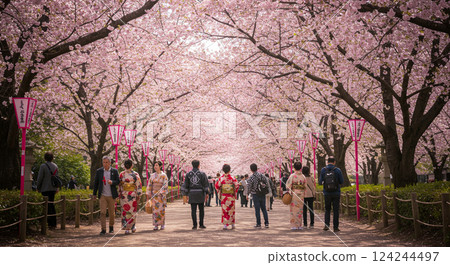 人們沿著盛開的櫻花樹散步 人們沿著盛開的櫻花樹散步 124244497