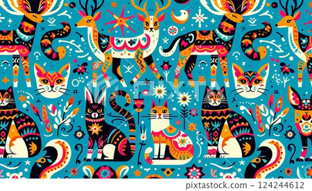 Cute cat and deer seamless pattern 124244612