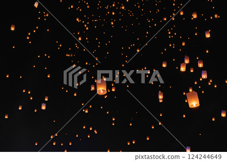 Tourist floating sky lanterns in Loy Krathong festival , Chiang Mai ,Thailand. 124244649