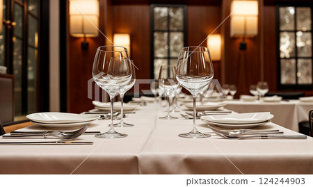 Empty glasses with plates in restaurant 124244903