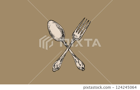 Antique sepia hand-drawn cutlery (crossed forks and spoons) 124245064