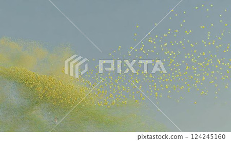A close-up 3D illustration of pollen scattering from cedar and cypress trees into the air Hay fever 124245160