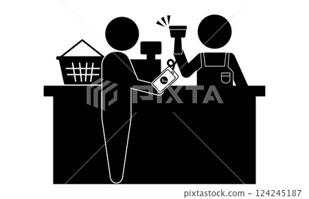 Pictogram of a person making a smartphone payment and a cashier Pictogram of a person making a smartphone payment and a cashier 124245187