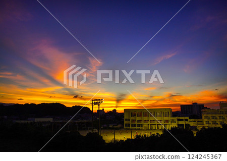 School and sunset sky scenery 124245367
