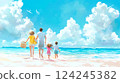 Family walking on a sandy beach toward the ocean, under a bright blue sky with fluffy clouds. 124245382