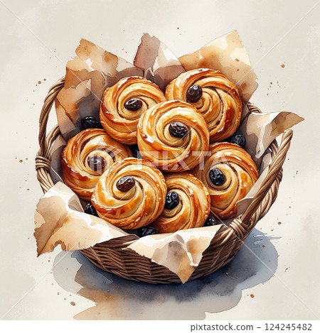 Watercolor painting of a danish pastry with raisins 124245482