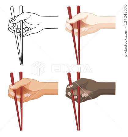 單色線條畫，描繪了一隻手拿著筷子，以及亞洲人、高加索人和黑人拿著筷子的各種手型 124245570