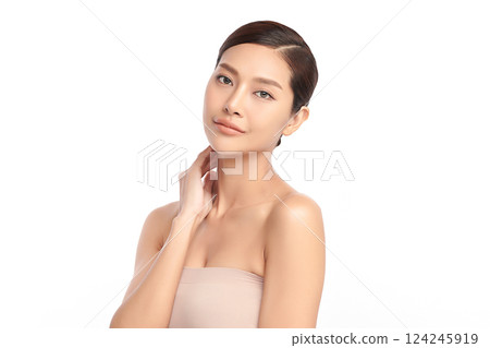 A beautiful young Asian woman with clean, fresh skin against a white background. Skincare, facial treatment, cosmetology, beauty, and spa. An elegant portrait of an Asian woman. A beautiful young Asian woman with clean, fresh skin against a white background. Skincare, facial treatment, cosmetology, beauty, and spa. An elegant portrait of an Asian woman. 124245919
