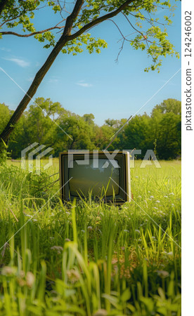 Surreal Outdoor Scene: Vintage TV in Lush Meadow Under Clear Blue Sky for Artistic Concept 124246002