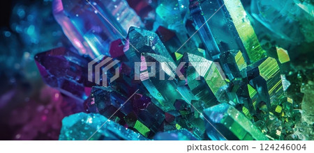Glowing Rare Earth Mineral Crystals Under Ultraviolet Light - Vibrant Macro Photography 124246004