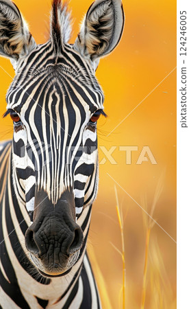 Symmetrical Zebra Stripes Close-Up in Golden Savanna Setting for Nature Posters 124246005