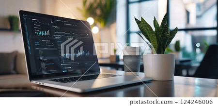 Modern Office with Digital Project Management Dashboard on Laptop for Efficient Team Collaboration 124246006