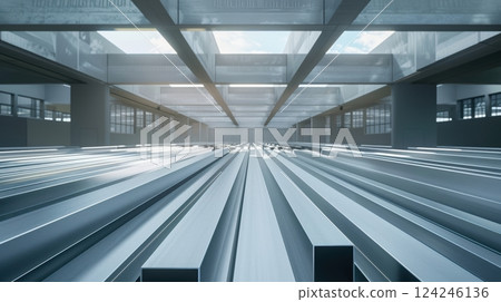 Modern Industrial Warehouse with Aluminum Profiles and Natural Skylights 124246136