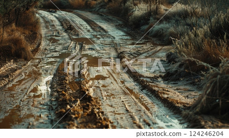 Muddy Rural Road with Tire Tracks After Storm for Nature and Weather Themes 124246204