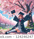 A girl celebrating her graduation under a cherry blossom tree in full bloom 4 124246247