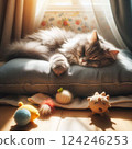 A cat sleeping on a pillow with sunlight coming through the window on its back 2 124246253