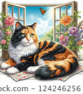 Calico cat relaxing by the window in spring 124246256
