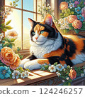 Calico cat basking in the sunlight coming from a cozy window 124246257