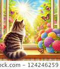 A cat looking out the open window at the spring sunshine and butterflies 124246259