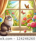 A cat gazing at butterflies outside the window while basking in the spring sunshine 124246260