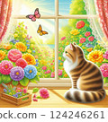 A cat gazing at flowers by a window in the spring sunshine 124246261