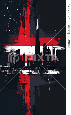 Modern Minimalist UAE Flag and Cityscape Symbolizing Innovation and Urban Progress 124246439