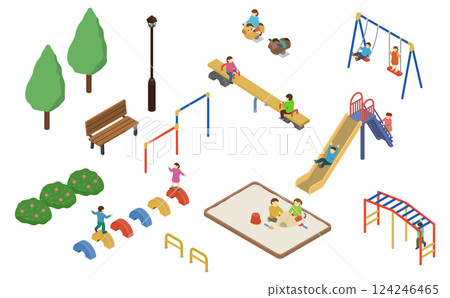Isometric illustration: Children playing in the park set 124246465