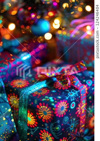 Vibrant Christmas Gift Boxes Under Festive Tree Lights for Holiday Decor Inspiration 124246484