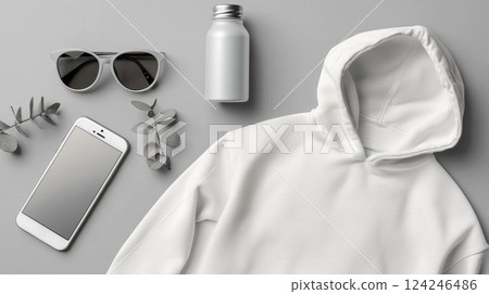 Casual Modern Lifestyle Essentials: Hoodie, Sunglasses, Water Bottle, Phone for On-the-Go Branding 124246486