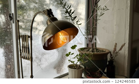 冬日裡老房子窗戶上的水汽和一盞古董落地燈 冬日裡老房子窗戶上的水汽和一盞古董落地燈 124246585