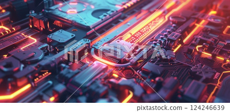 Photorealistic AI Chip on Circuit Board with Vibrant Glowing Accents Tech Design for Posters 124246639
