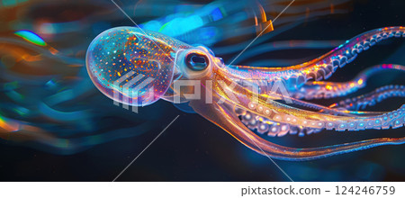Bioluminescent Squid in Motion: Mesmerizing Neon Trail Under the Deep Sea 124246759