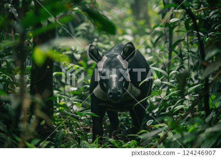 Malayan Tapir Emerging from Lush Rainforest with Distinctive Markings in Natural Habitat 124246907