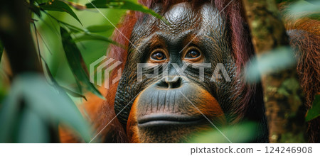 Bornean Orangutan in Dense Jungle Highlighting Conservation Efforts for Survival 124246908